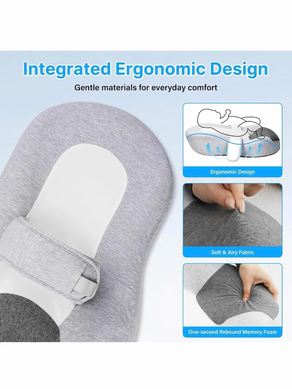 Baby👶🏻Nursing🤱🏻Pillow - Gray Infant👶🏻Lounger with Safety Strap